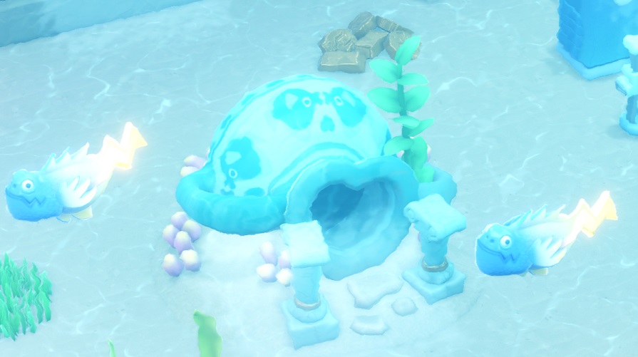 Twee Zappers (blauwe Palingen/Murenen met een gele staart-in-de-vorm-van-een-bliksem) zwemmen naar links in hun Aquarium. Ook hun mondlijn heeft de vorm van een bliksemschicht. Een Egg Cup is zichtbaar in het midden.